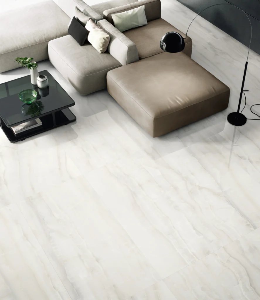 Tiles 床タイル「AKOYA – アコヤ(White)」 リビング施工事例イメージ　輸入タイル