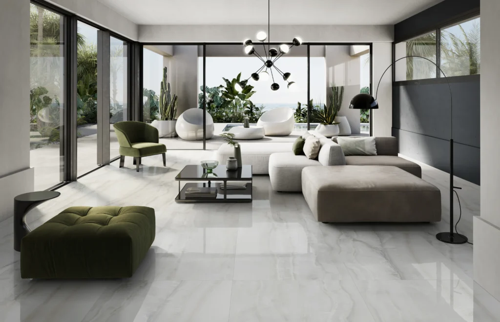 Tiles 床タイル「AKOYA – アコヤ(White)」 リビング施工事例イメージ　輸入タイル