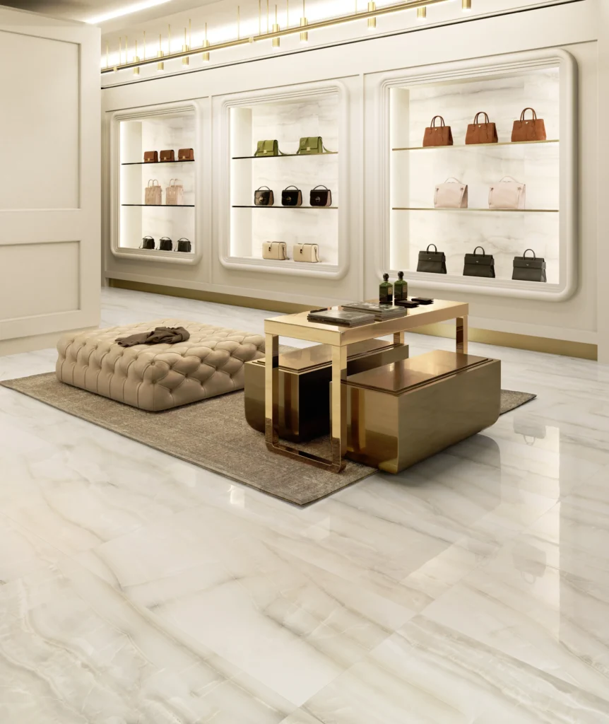 Tiles 床タイル「AKOYA – アコヤ(Ivory)」 店舗施工事例イメージ　輸入タイル