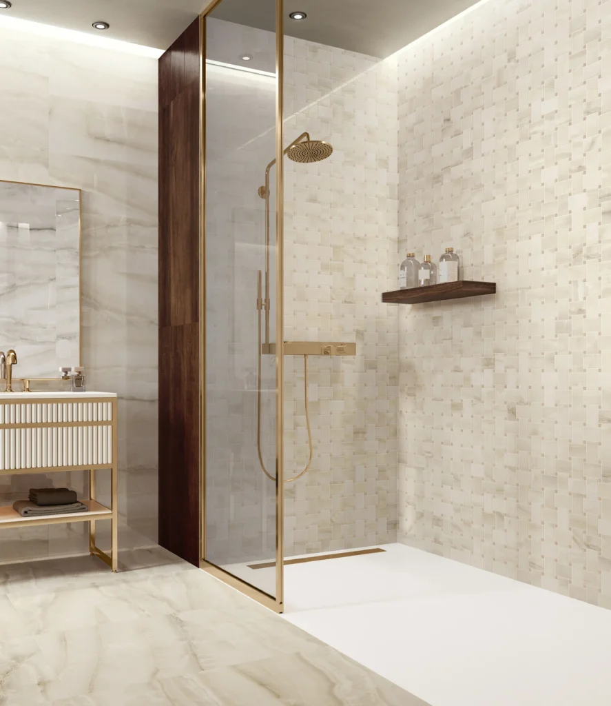 Tiles 床タイル「AKOYA – アコヤ(Ivory)」 浴室施工事例イメージ　輸入タイル