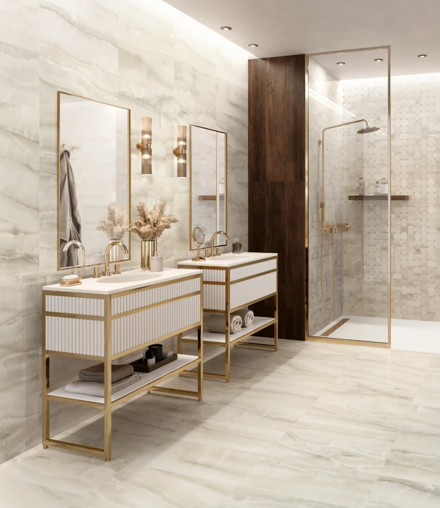 Tiles 床タイル「AKOYA – アコヤ(Ivory)」 バスルーム施工事例イメージ　輸入タイル